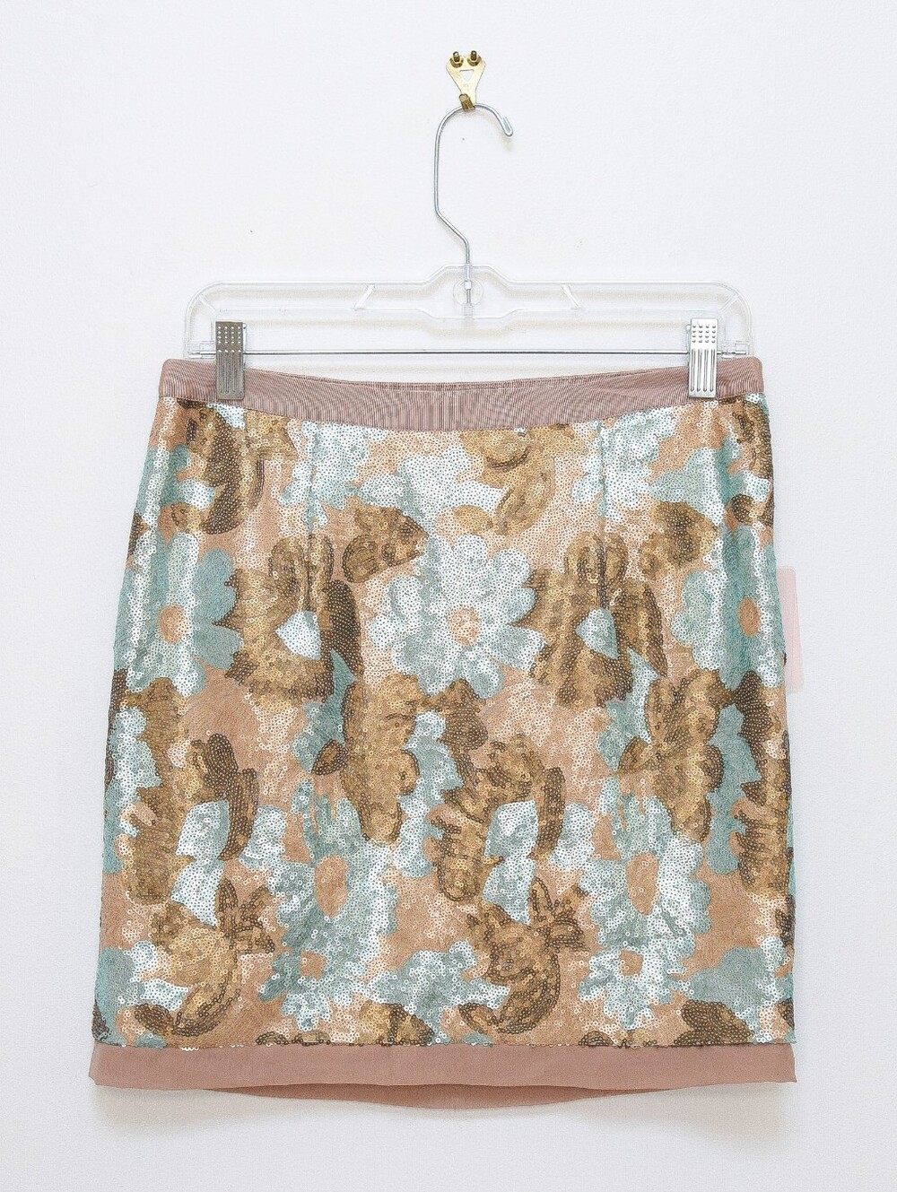 NWT Sequin Mini Skirt Size M Floral Metallic Gold Bronze Blue Retro Fall Glam - Picture 4 of 6